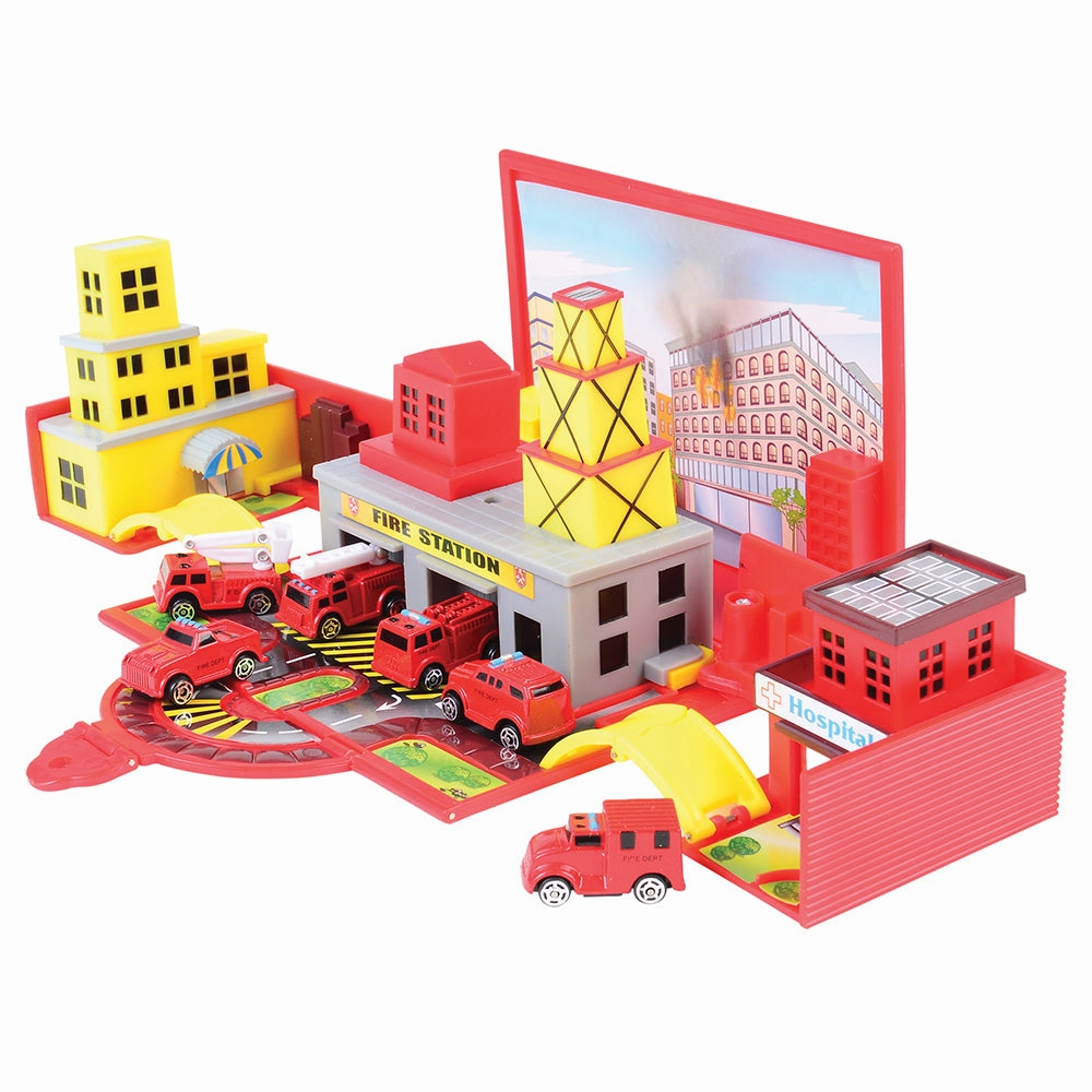 28-Piece Die Cast Micro Racers Playset with Pop-Up Cityscapes