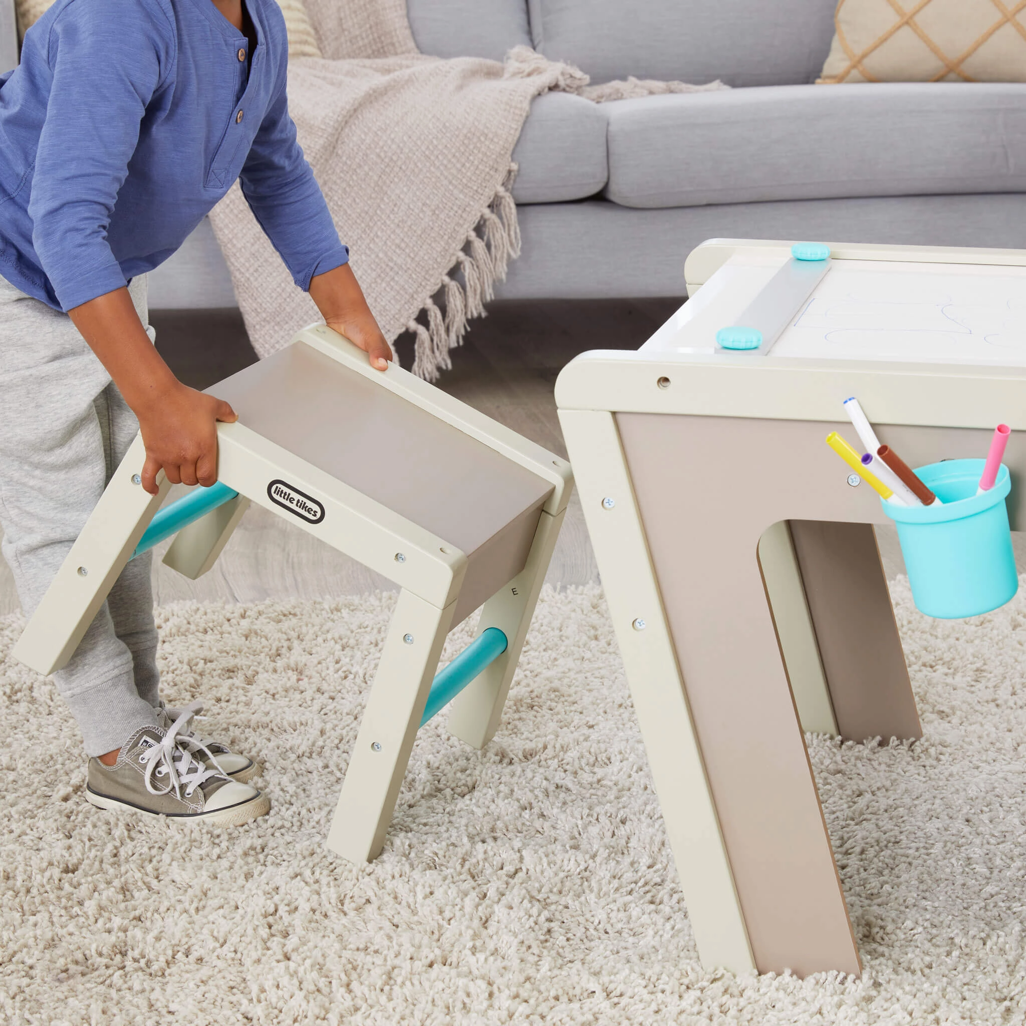 2-in-1 Easel and Art Table with Stools, Storage, and Paper Roll Clamp