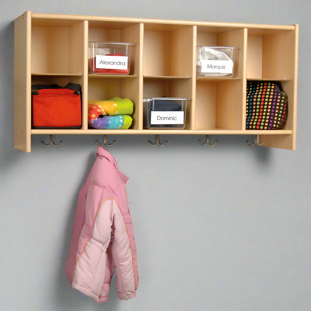 Birch Wall Cubbie | Classroom Storage with 10 Cubbies & 5 Double Hooks