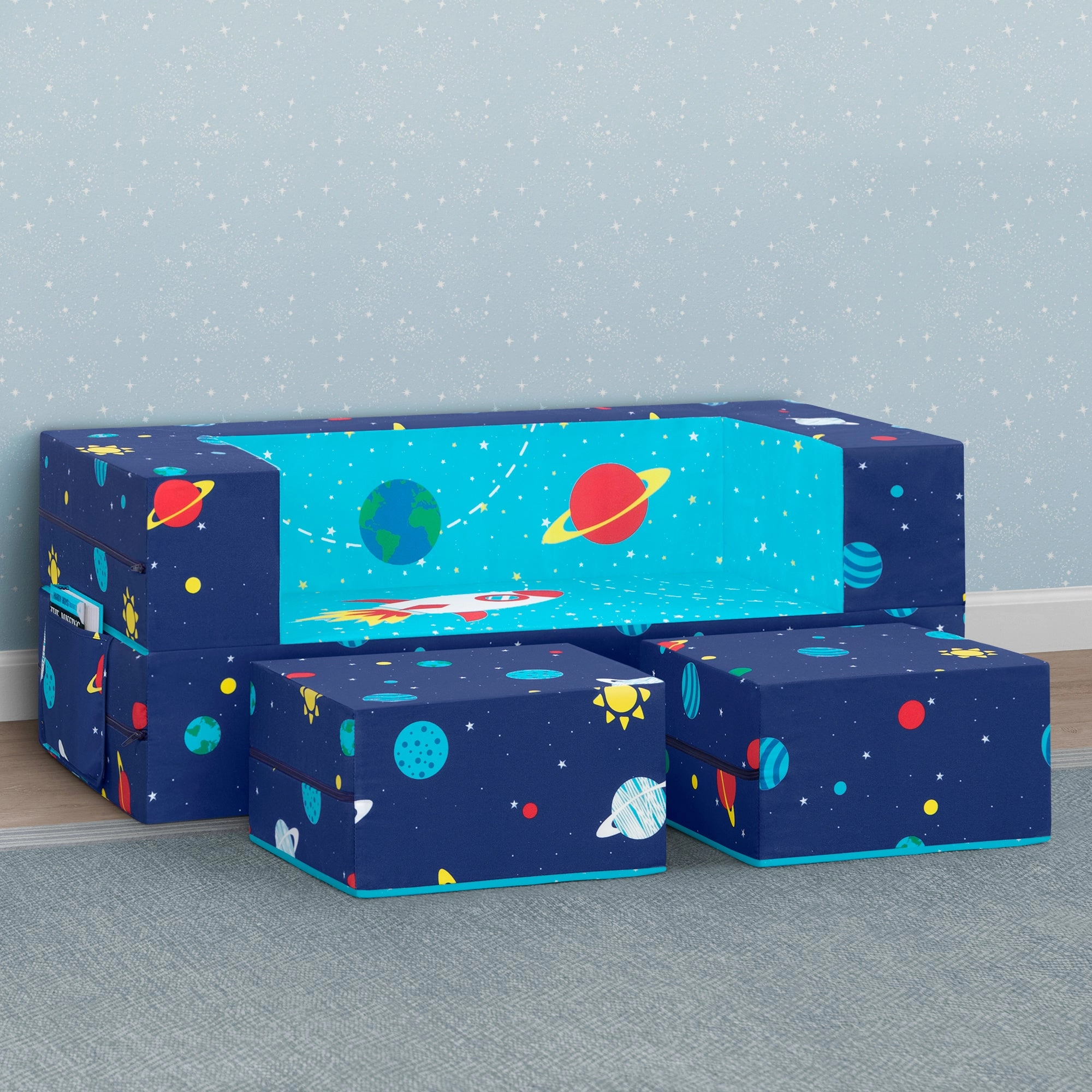 Convertible Sofa and Play Set for Kids and Toddlers  Modular Foam Couch and Flip Out Lounger with 2 Ottomans