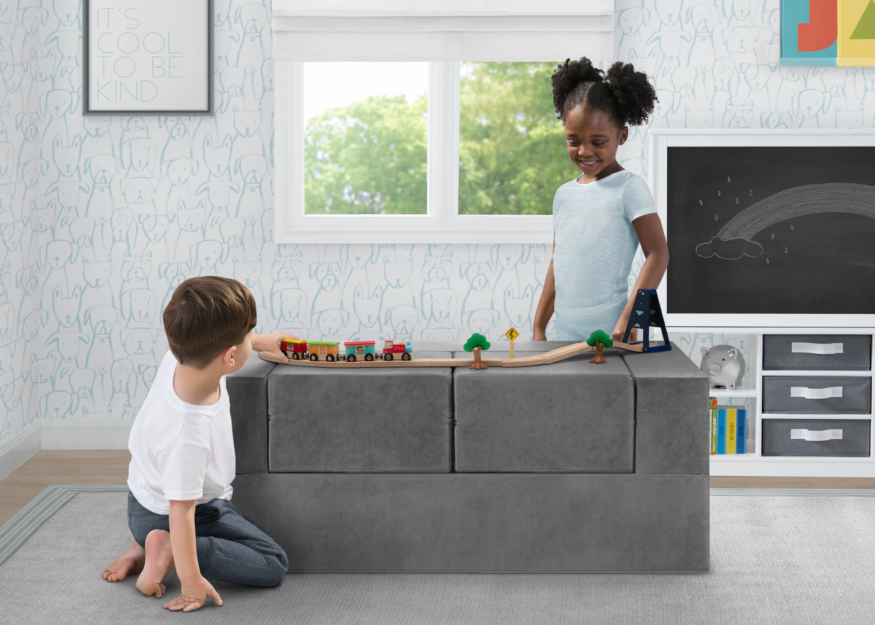 Convertible Sofa and Play Set for Kids and Toddlers Modular Foam Couch and Flip Out Lounger with 2 Ottomans