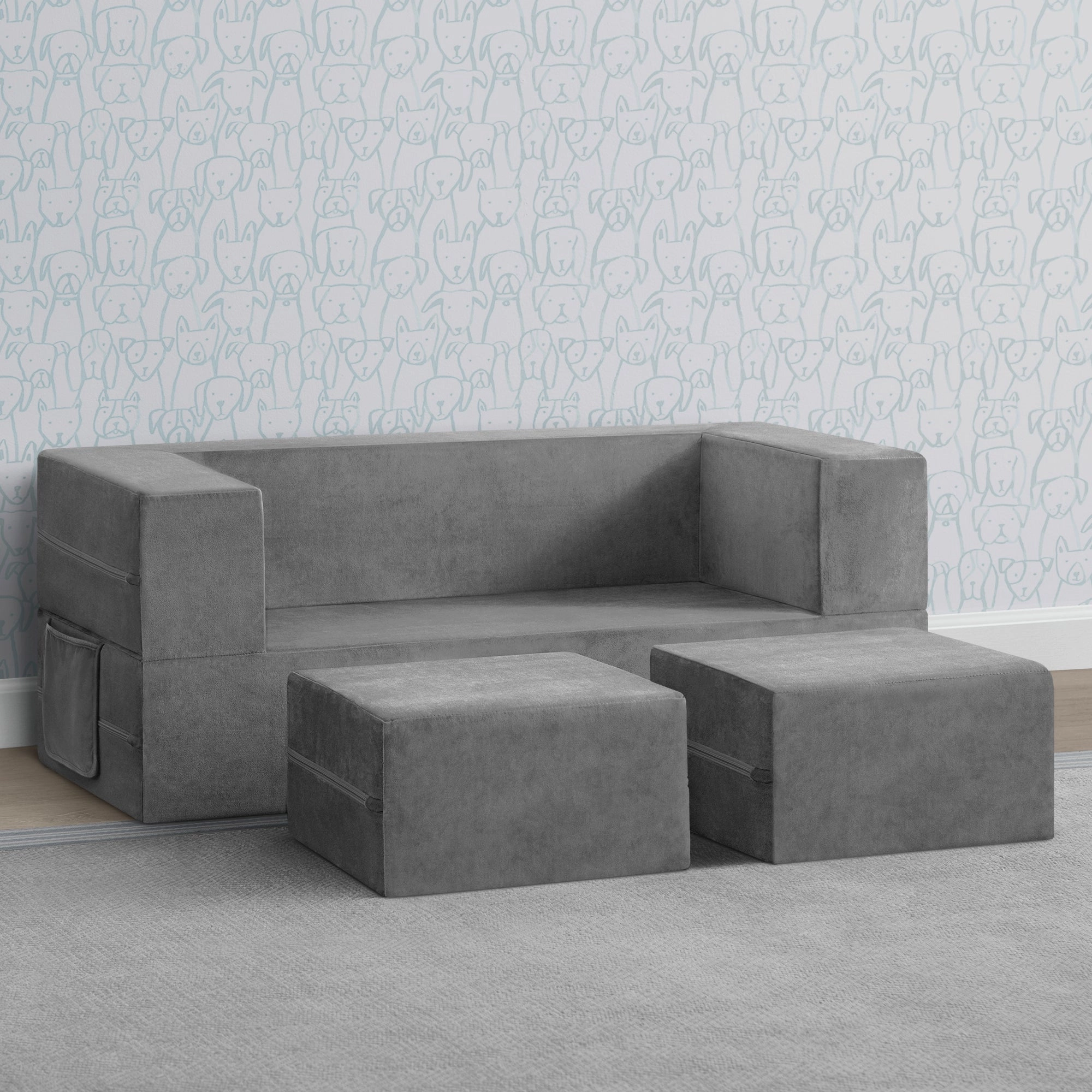 Convertible Sofa and Play Set for Kids and Toddlers Modular Foam Couch and Flip Out Lounger with 2 Ottomans