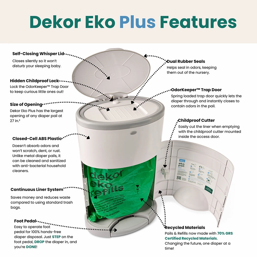 Dekor Eko Plus Hands-Free Diaper Pail | Odor-Controlled, Eco-Friendly Solution