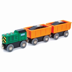 Hape Diesel Freight Train Set - Green & Orange 3pc Wooden Locomotive