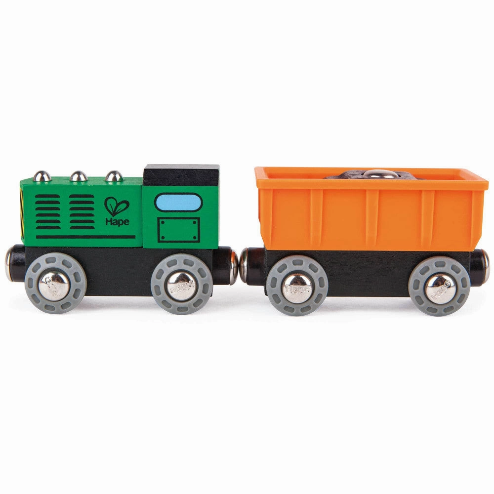 Hape Diesel Freight Train Set - Green & Orange 3pc Wooden Locomotive