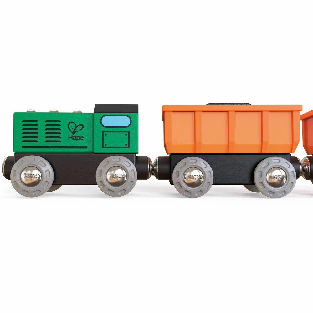 Hape Diesel Freight Train Set - Green & Orange 3pc Wooden Locomotive
