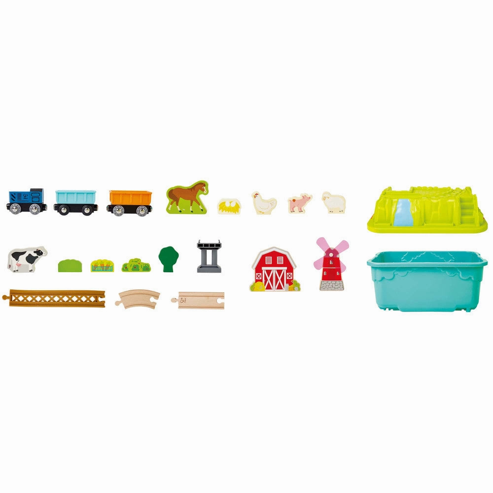 Hape Farmyard Train Bucket Set - Wooden Train and Animal Adventure Playset