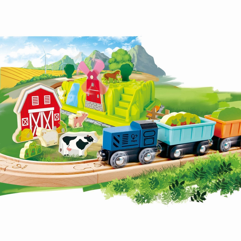 Hape Farmyard Train Bucket Set - Wooden Train and Animal Adventure Playset