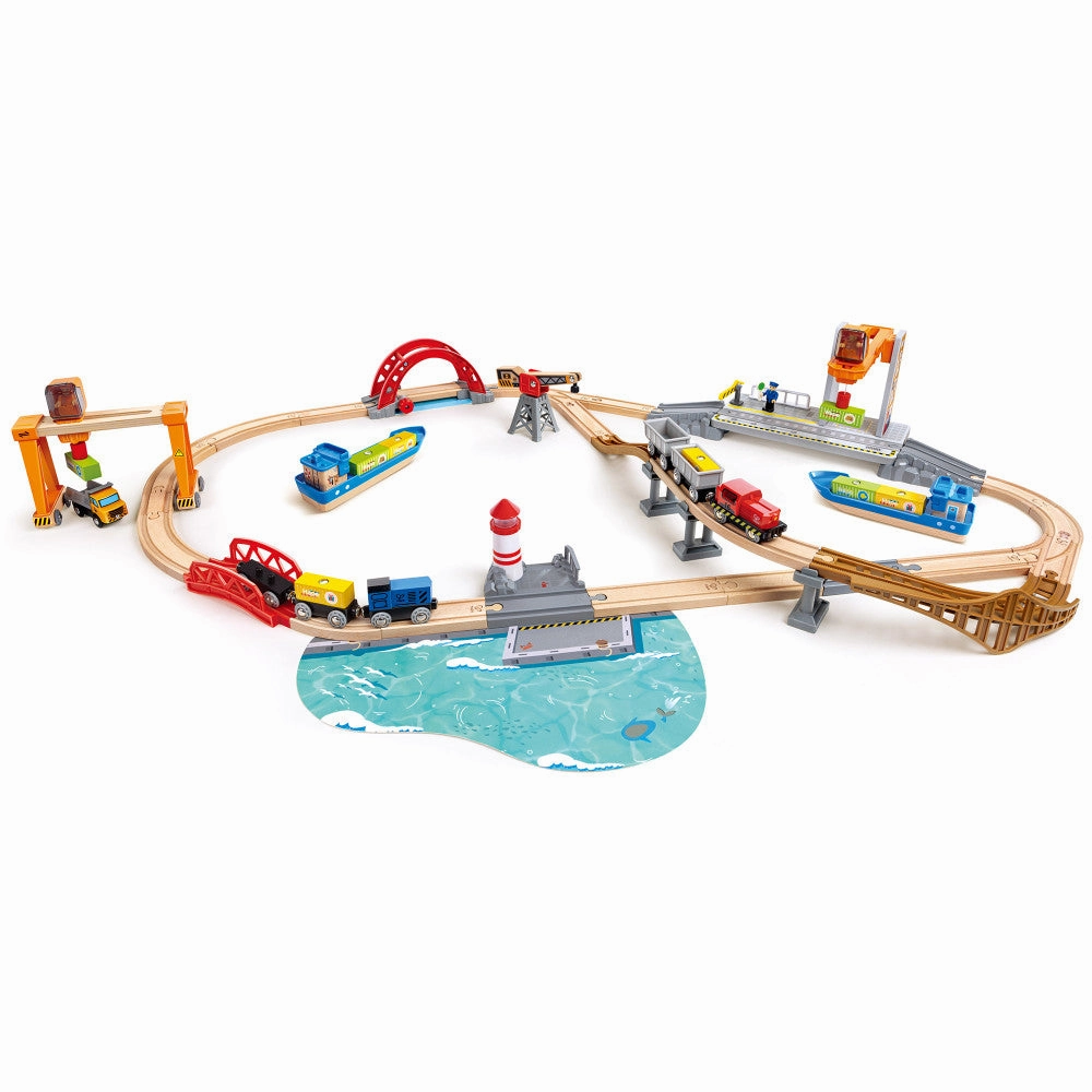 Hape Lift & Load Harbor Set - 25-Piece Land & Water Wooden Train Playset