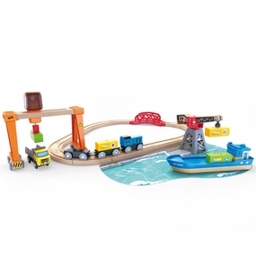 Hape Lift & Load Harbor Set - 25-Piece Land & Water Wooden Train Playset