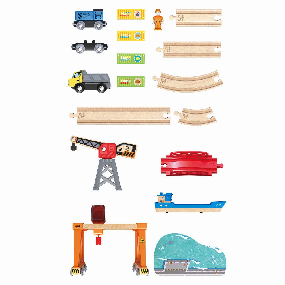 Hape Lift & Load Harbor Set - 25-Piece Land & Water Wooden Train Playset