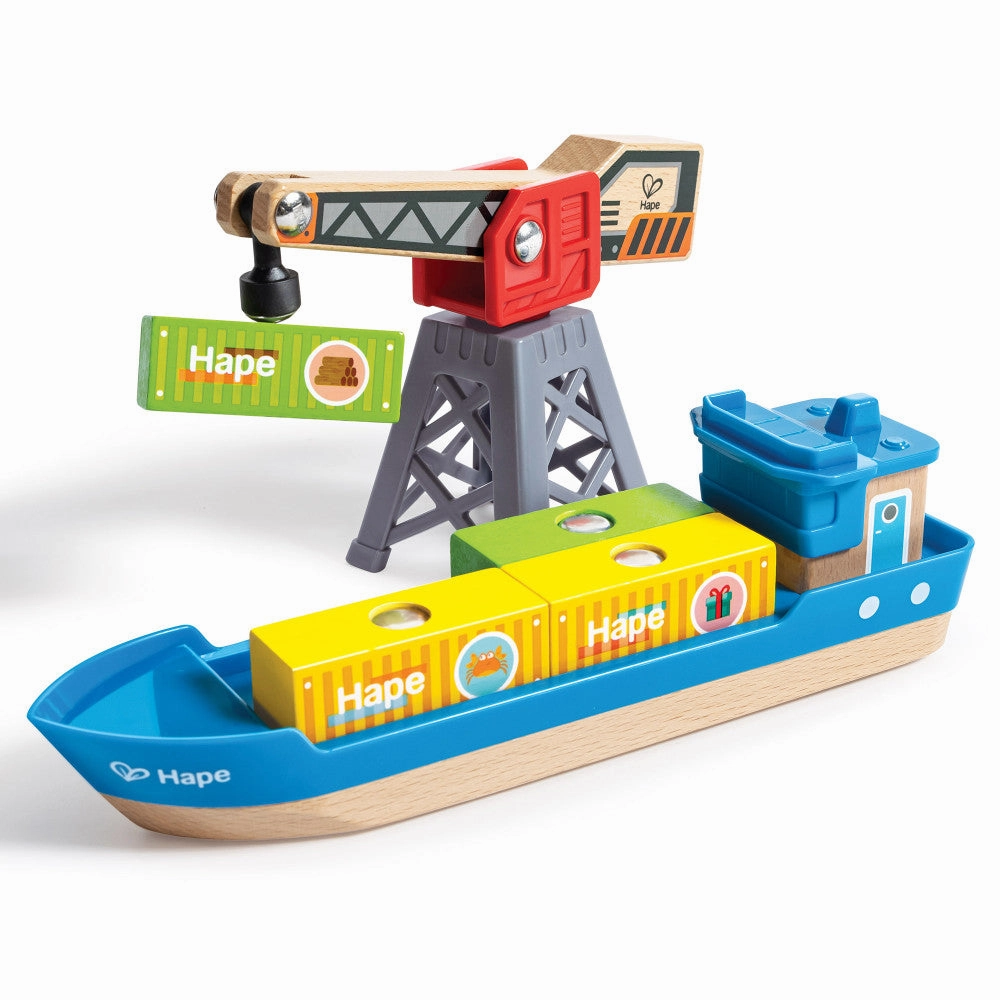 Hape Lift & Load Harbor Set - 25-Piece Land & Water Wooden Train Playset