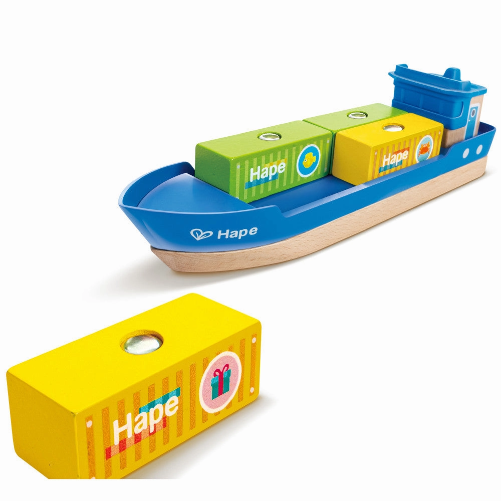 Hape Maritime Cargo Ship & Crane - 6 pc Magnetic Train Set Playset
