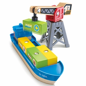 Hape Maritime Cargo Ship & Crane - 6 pc Magnetic Train Set Playset