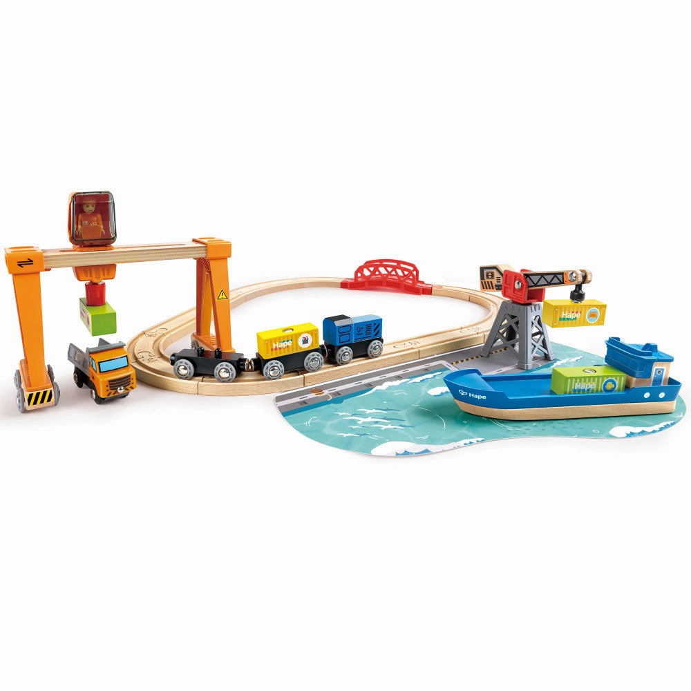 Hape Maritime Cargo Ship & Crane - 6 pc Magnetic Train Set Playset