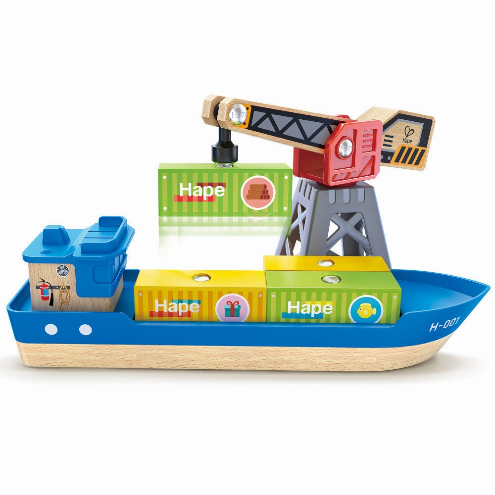 Hape Maritime Cargo Ship & Crane - 6 pc Magnetic Train Set Playset