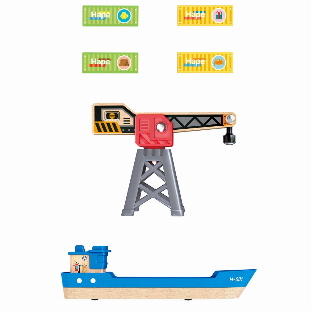 Hape Maritime Cargo Ship & Crane - 6 pc Magnetic Train Set Playset