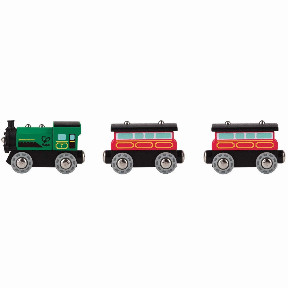 Hape Steam-Era Passenger Train Set - Green & Red 3pc Wooden Locomotive