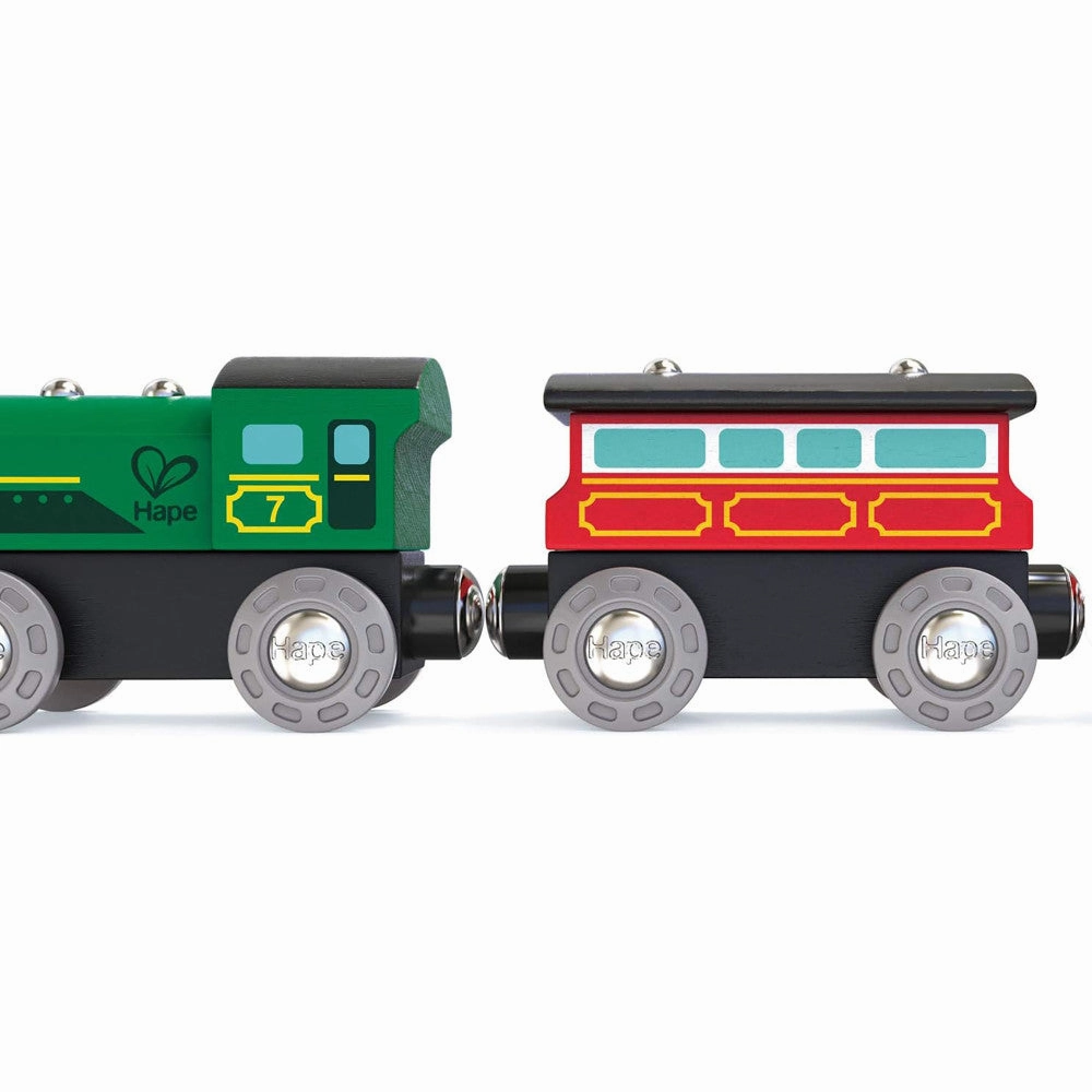 Hape Steam-Era Passenger Train Set - Green & Red 3pc Wooden Locomotive