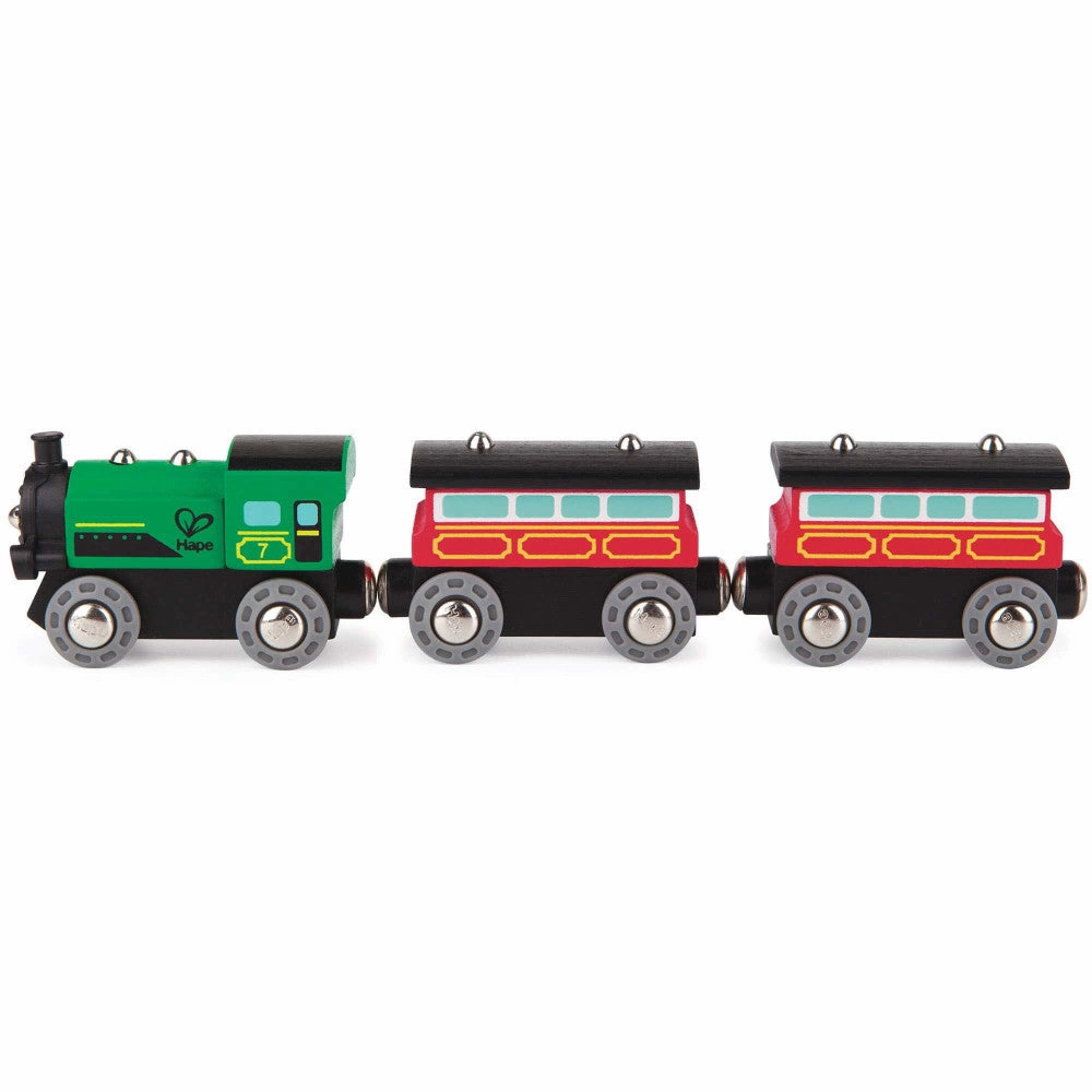 Hape Steam-Era Passenger Train Set - Green & Red 3pc Wooden Locomotive