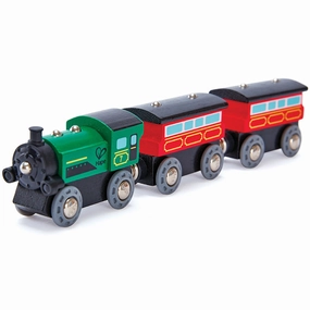 Hape Steam-Era Passenger Train Set - Green & Red 3pc Wooden Locomotive