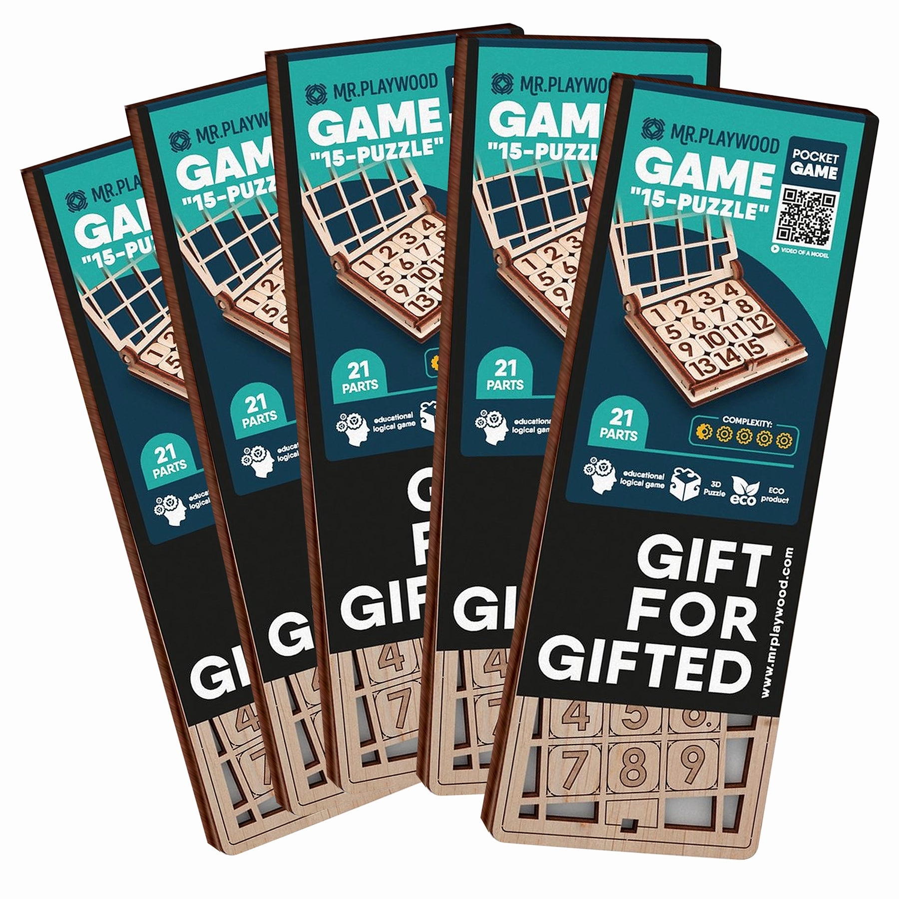 Mr.PLAYWOOD Fifteen Game 5-Pack Wooden STEM 3D Puzzles - 15 pc