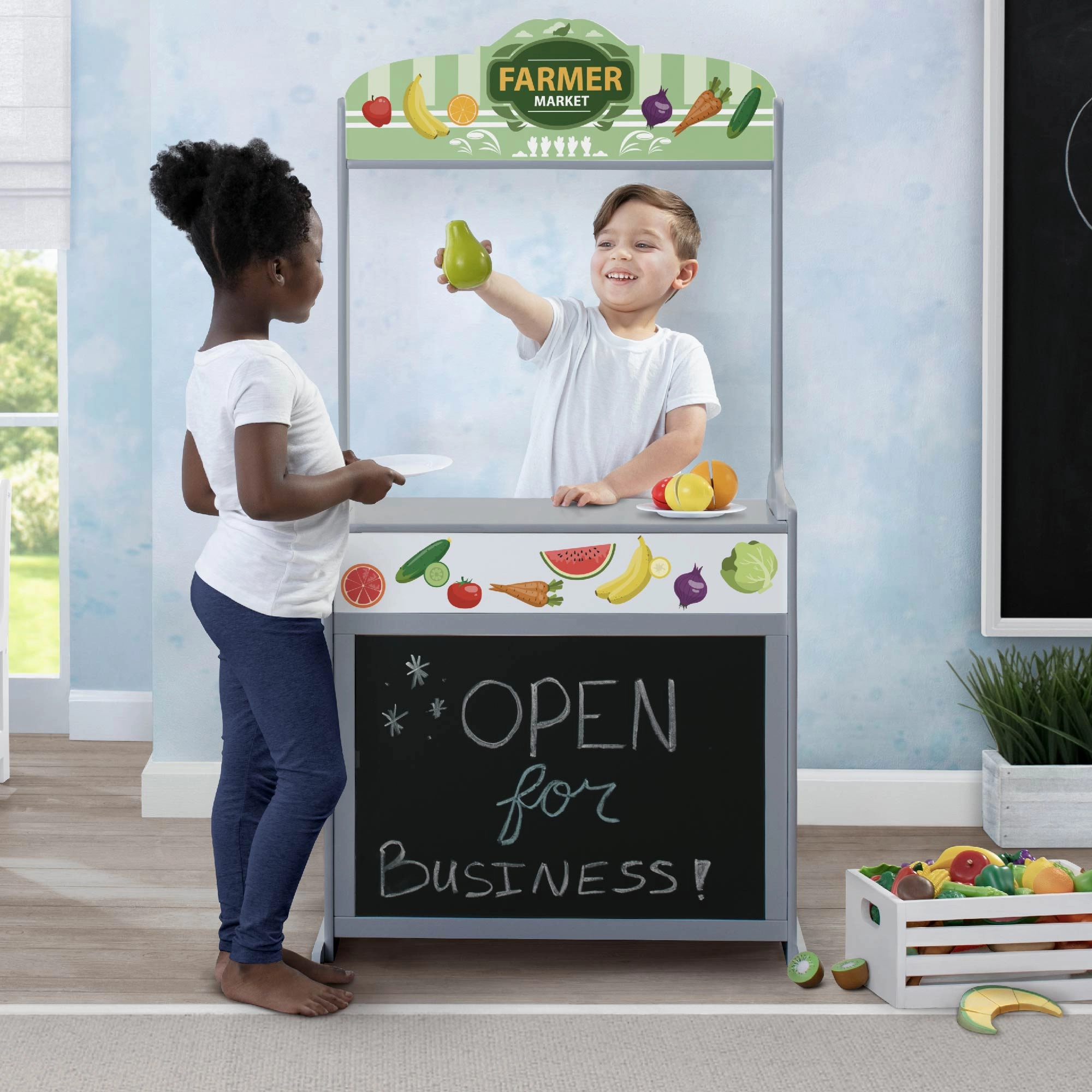 Reversible 4-in-1 Pretend Play Center with Chalkboard & Storage