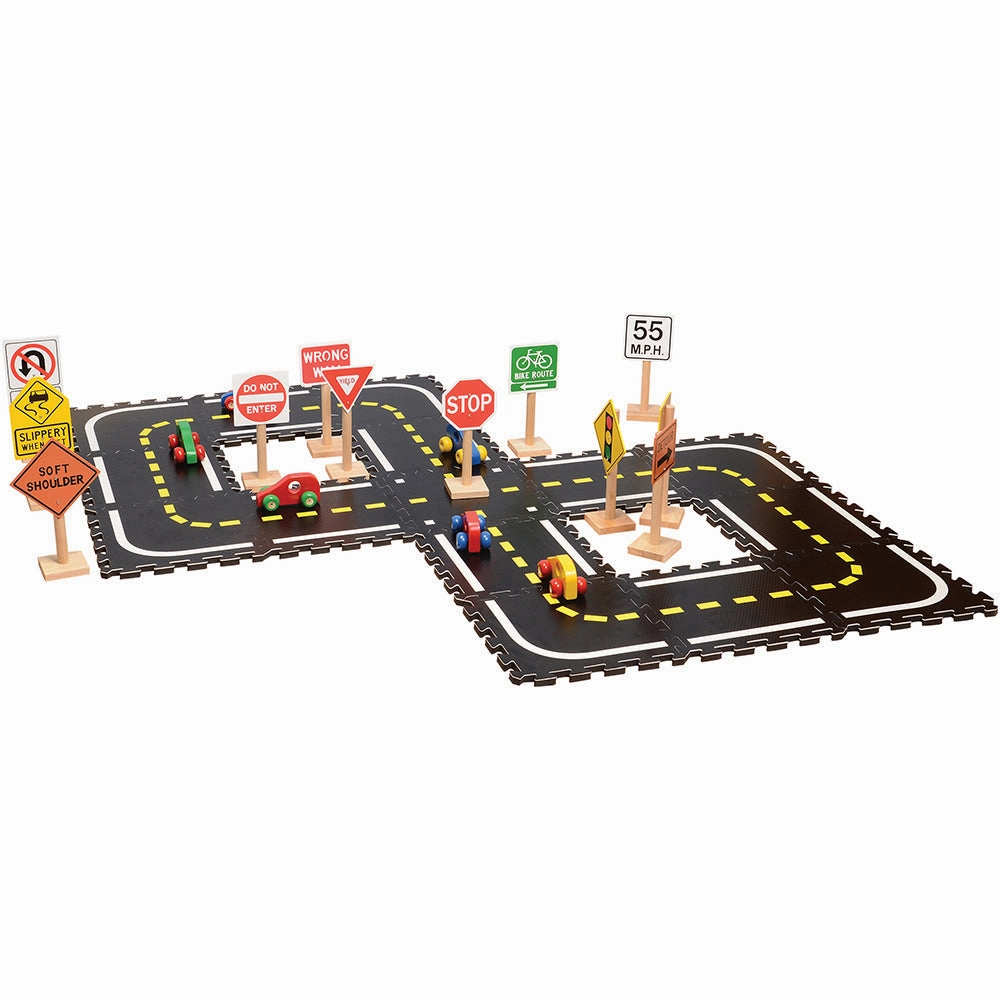 Road Builders Combo Set | 33-Piece Foam Roadway & Wooden Vehicle Playset