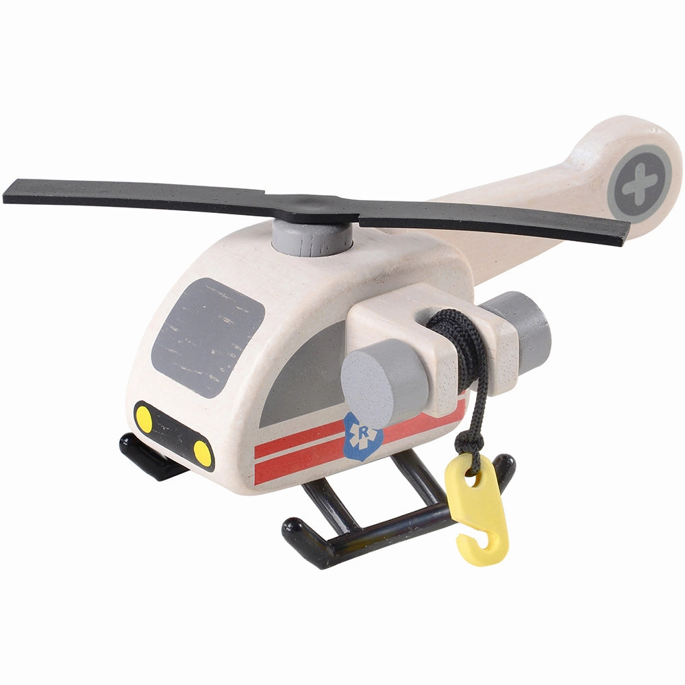 Wooden Rescue Center with Three Figures, Helicopter, Ambulance and Fire Truck