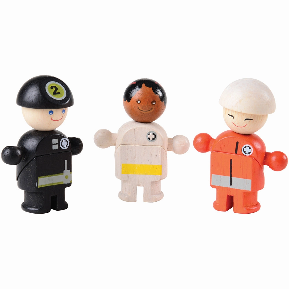 Wooden Rescue Center with Three Figures, Helicopter, Ambulance and Fire Truck