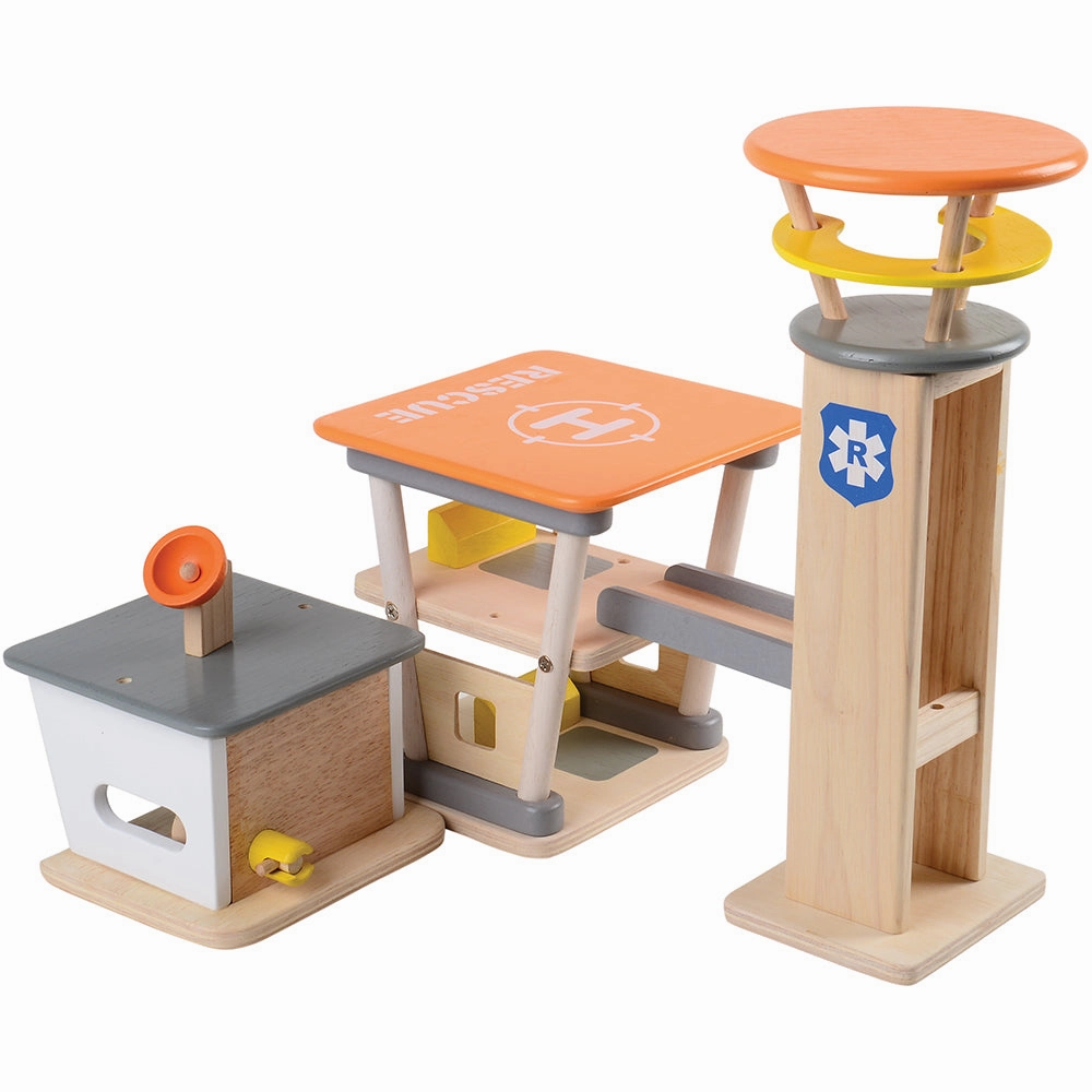Wooden Rescue Center with Three Figures, Helicopter, Ambulance and Fire Truck