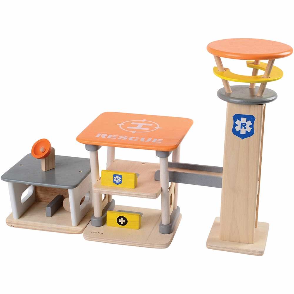Wooden Rescue Center with Three Figures, Helicopter, Ambulance and Fire Truck