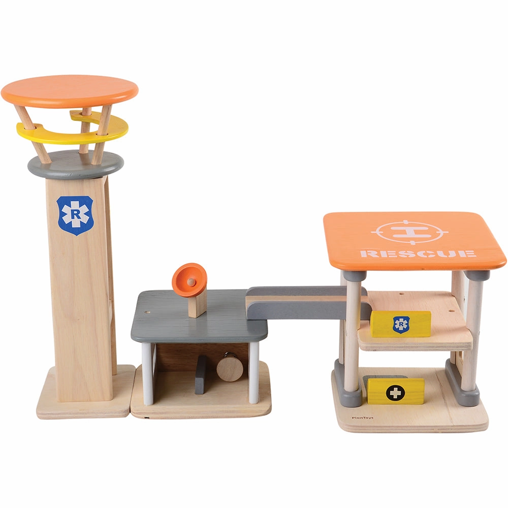 Wooden Rescue Center with Three Figures, Helicopter, Ambulance and Fire Truck