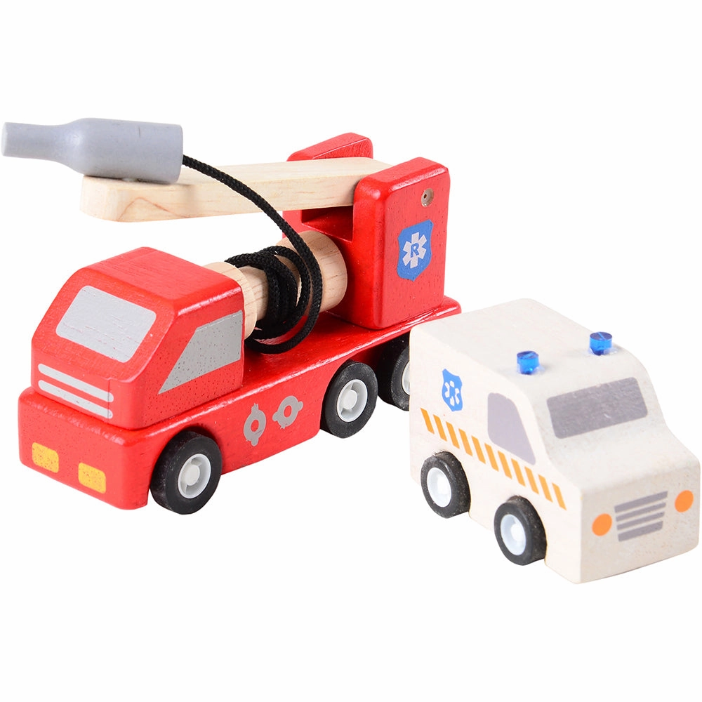 Wooden Rescue Center with Three Figures, Helicopter, Ambulance and Fire Truck