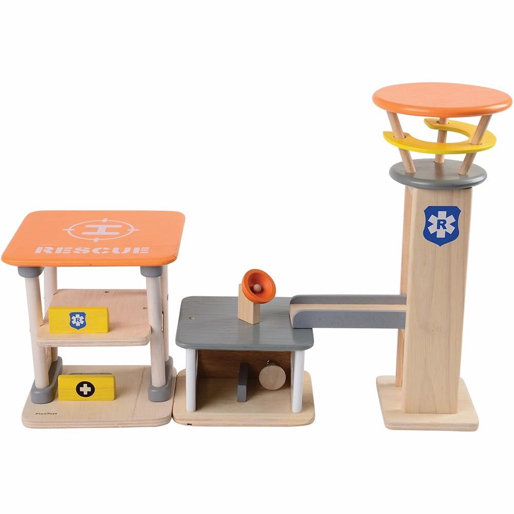 Wooden Rescue Center with Three Figures, Helicopter, Ambulance and Fire Truck